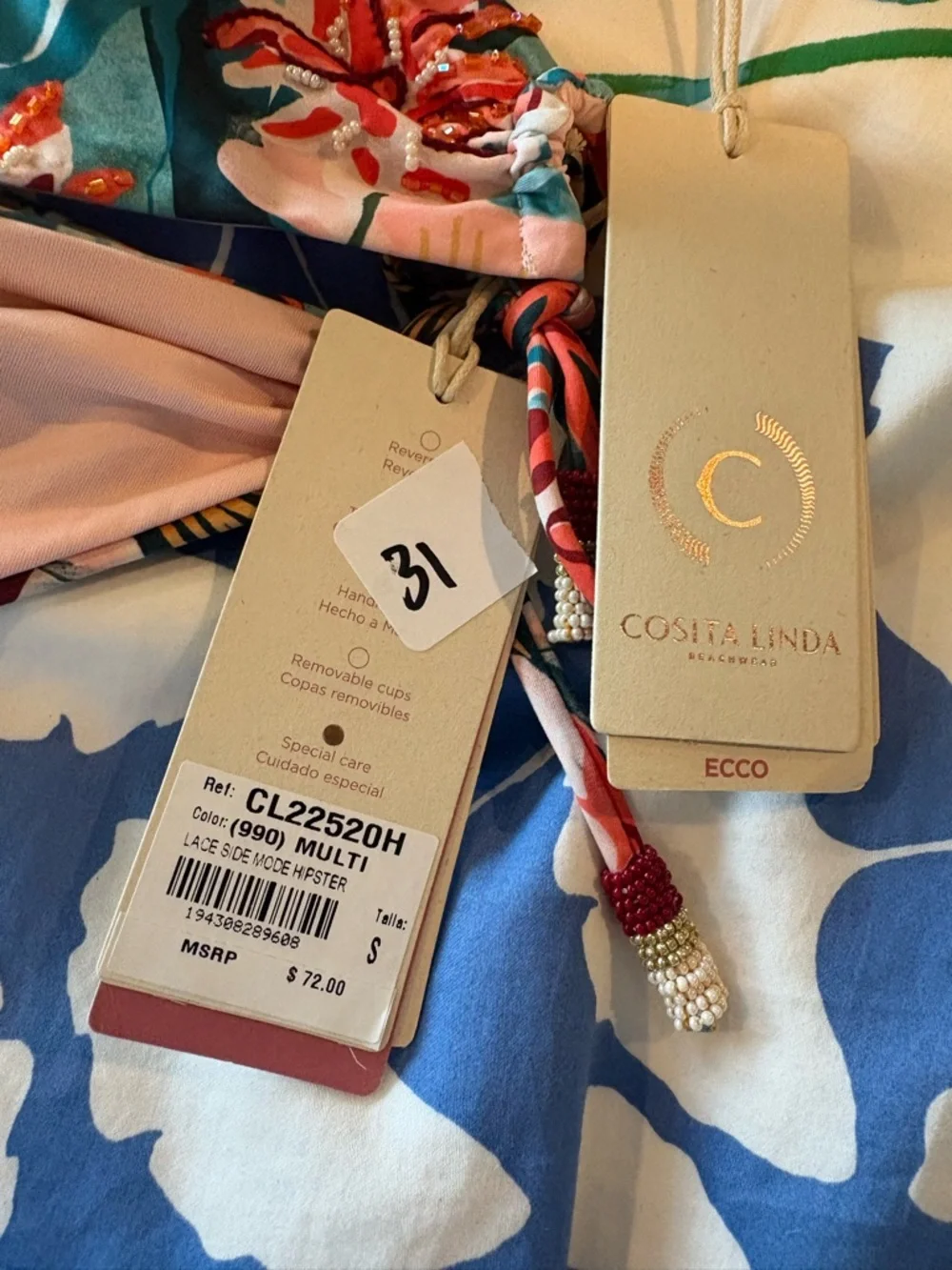 NWT Cosita Linda luxury hand, embroidered/beaded Print Triangle Bikini Set,small - Picture 6 of 8